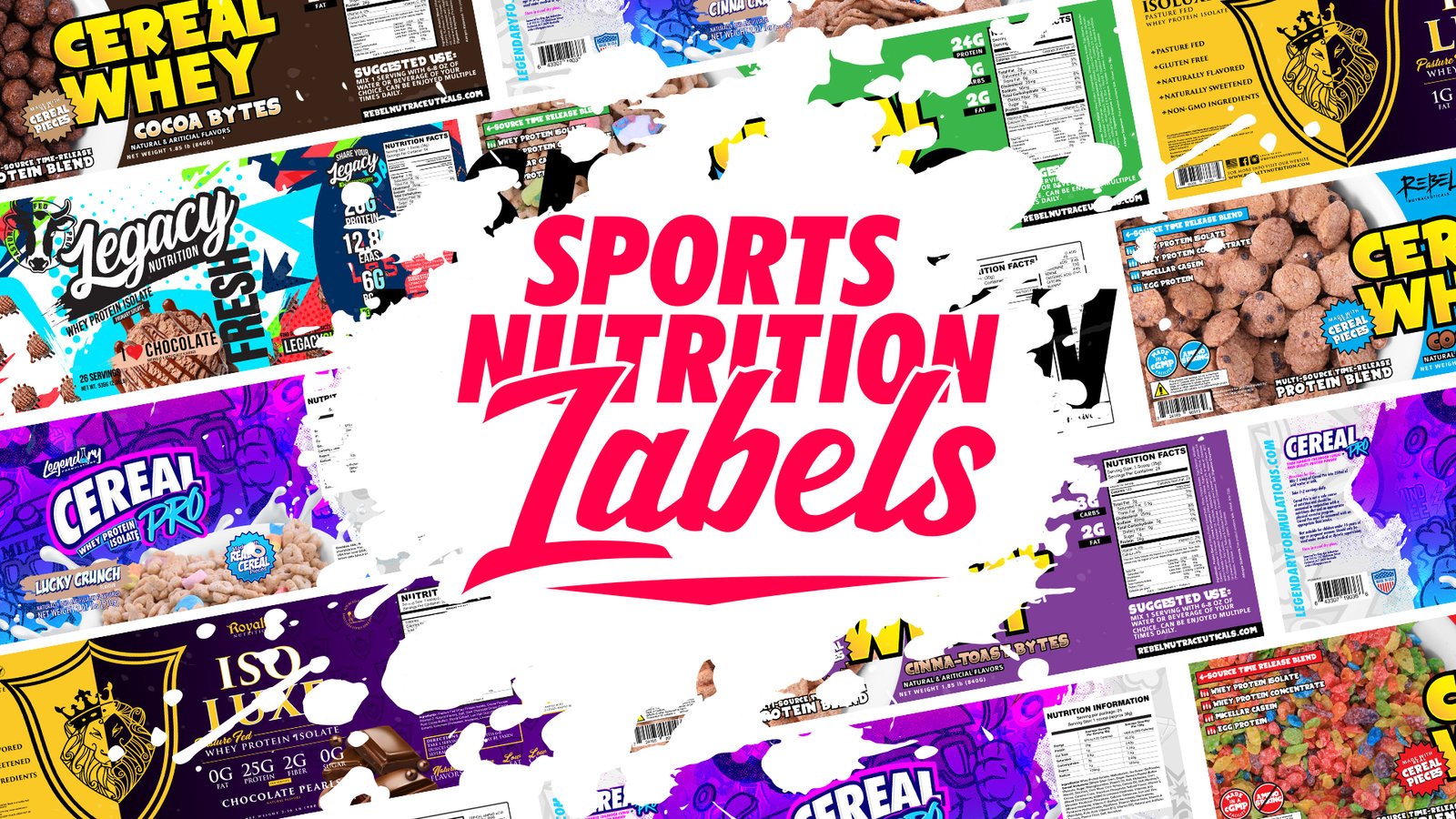 A wall of supplement and food label designs by Sports Nutrition Labels